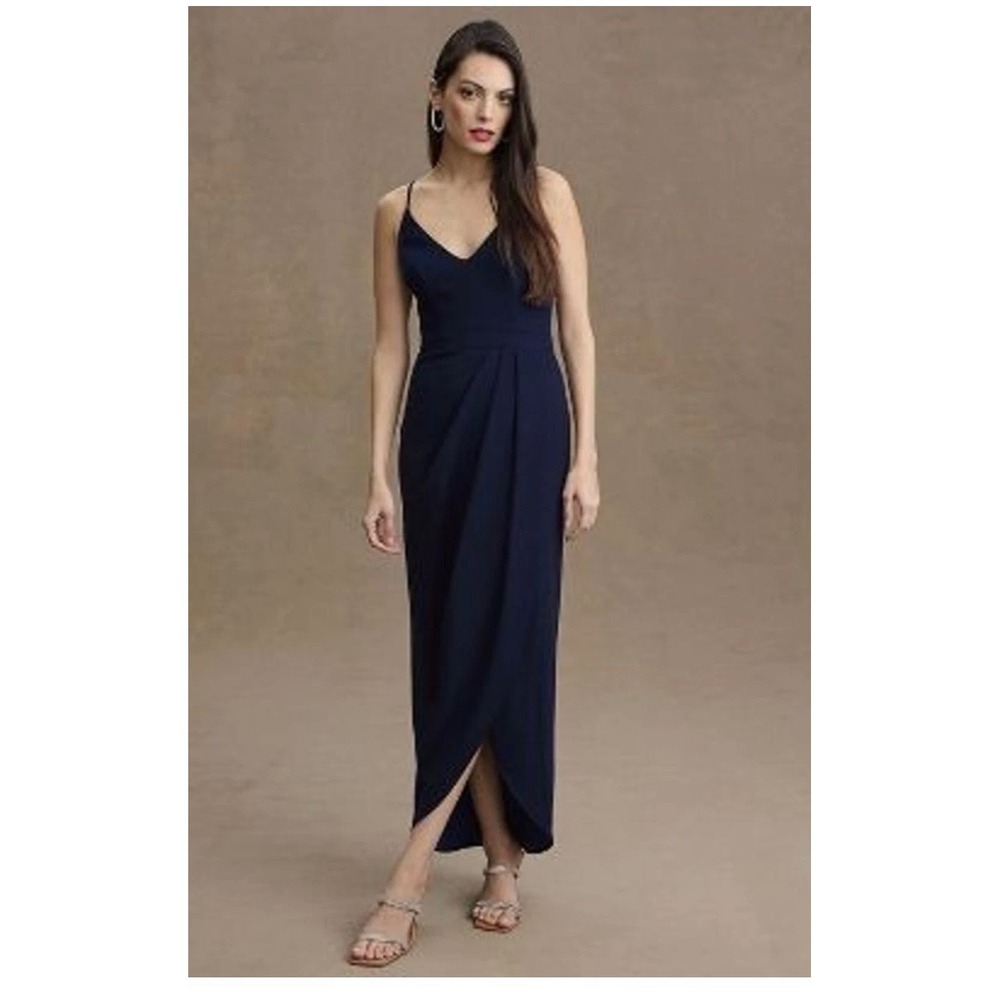 Anthro BHLDN Lyra Midi Dress Womens Size 0 Black V-Neck Faux-Wrap Stretch‎ Crepe